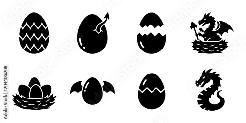 Photos Dragon Eggs and Hatchlings Vector Icons Set, Fantasy Creature Birth and Nesting