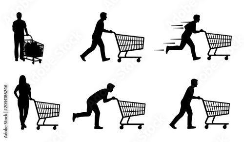 Photos Shopping Cart Silhouettes: Diverse Poses of People Pushing and Running with Groc
