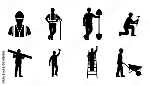 Schilderij op canvas Construction Worker Silhouettes, Building Industry Professionals Set, Manual Lab