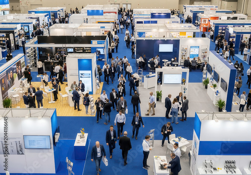 High angle view of business people networking and walking through a large trade show exhibition hall with white booths