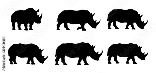 Bild auf Leinwand Black Rhinoceros Silhouettes, Six Vector Icons, Wildlife Animal Graphics, Africa