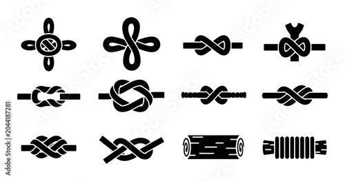 Schilderij op canvas Set of 12 Nautical Knots and Rope Illustrations, Vector Icons for Marine and Out