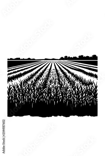 Black and White Woodcut Style Illustration of Agricultural Farm Field Rows