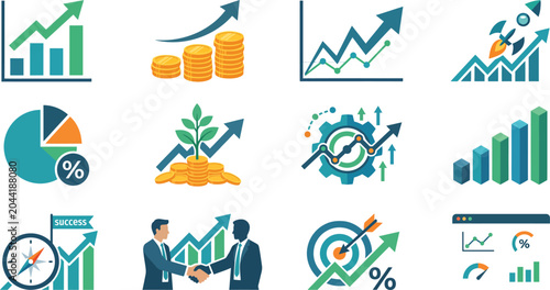 Financial Growth Icons Bar Graphs Coins And Business Charts