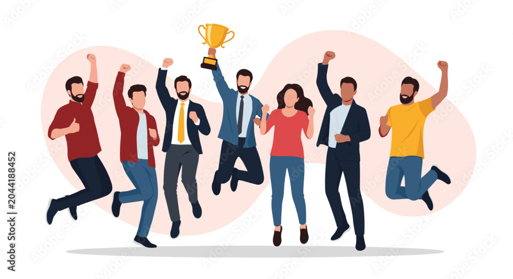 Fototapeta premium Large group of diverse business professionals jumping and celebrating their success with a golden trophy cup.