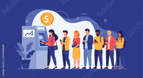 Line of diverse people wait in a queue to use an automated teller machine for cash withdrawals and banking tasks.