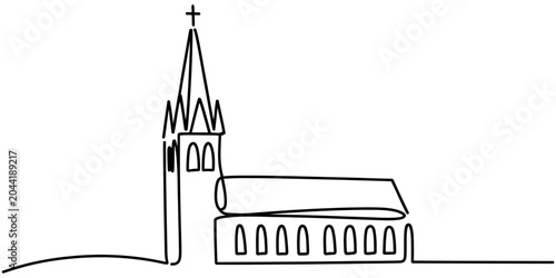 Fotografie Minimalist continuous single line drawing of a church building with a tall steep