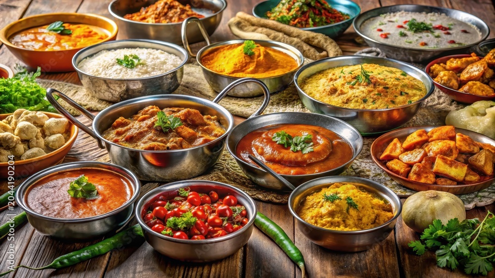 Fototapeta premium Traditional indian cuisine featuring a colorful array of curries