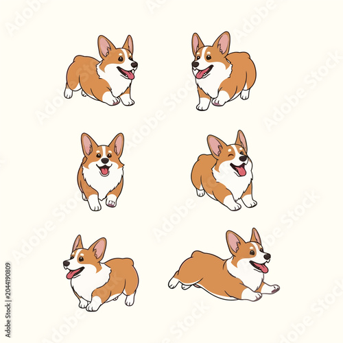 Happy Welsh Corgi Dog Character Set Running and Playing in Vector Illustration