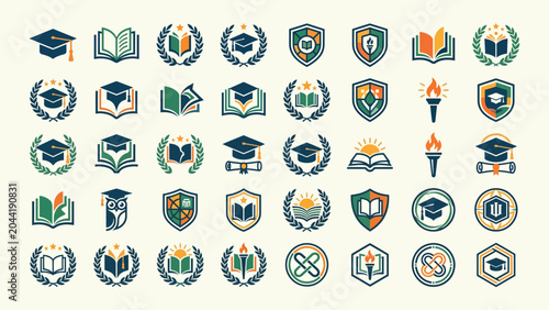 Education Icons Featuring Graduation Caps Books And Laurel Wreaths Vector Illustration