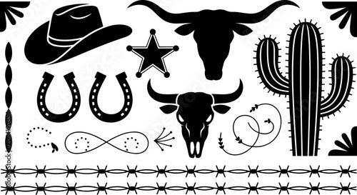 Bild auf Leinwand Set of black silhouette western design elements including cowboy hat, longhorn skull, horseshoe, cactus, and barbwire for decoration image_033387