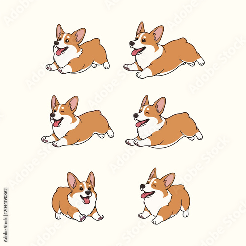 Playful Welsh Corgi Puppy Character Set Running and Jumping on White Background