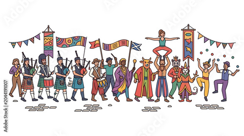 Foto A vibrant illustration of a diverse parade featuring musicians and performers in festive attire