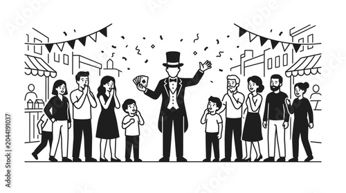 Photos A magician performing a card trick for a group of amazed onlookers in a festive setting