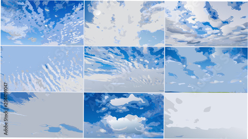 Tableau sur toile A grid of nine photographs depicting various cloud formations against a blue sky