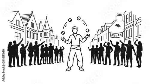 Tableau sur toile A street performer juggling balls in front of a crowd of spectators