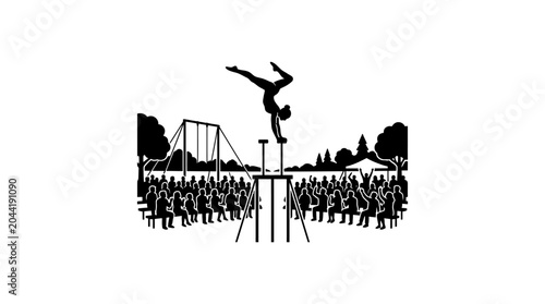 Tableau sur toile A silhouette of a gymnast performing a handstand on parallel bars before an audience