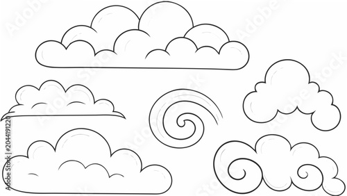 Fotografía A collection of various cloud shapes rendered as a black and white line drawing