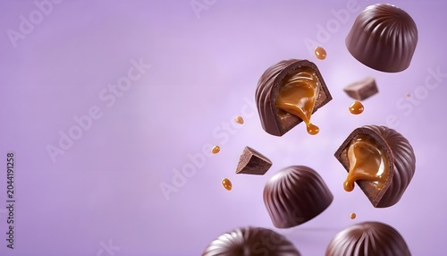 Delicious Dark Chocolate Pralines Flying and Breaking with Liquid Caramel Drip Filling on Pastel Purple Background