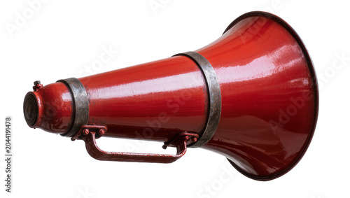 Фотография Vintage red metal megaphone with handle and metal band