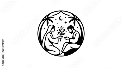 Bild auf Leinwand Biblical Scene: Giving a Plant, Desert Night, Palm Trees, Moon, Stars