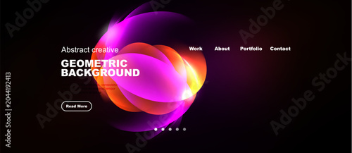 Fotografía Dark background features vibrant abstract shapes, text elements, navigation menu