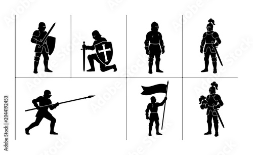 Billede på lærred Medieval Knights Vector Icons Set, Warrior Silhouettes with Swords and Shields,