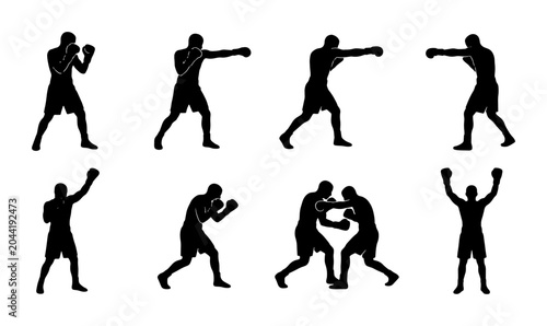 Slika na platnu Boxing Silhouette Set, Combat Sports Action Poses, Fighter Training Graphics, At
