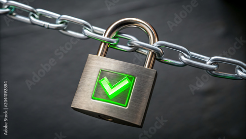 Digital security padlock glowing green on dark metal chain background