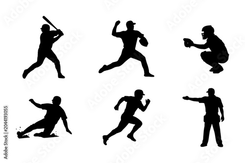 Obraz na płótnie Baseball Player Silhouettes, Action Poses Vector Set: Batter, Pitcher, Catcher,