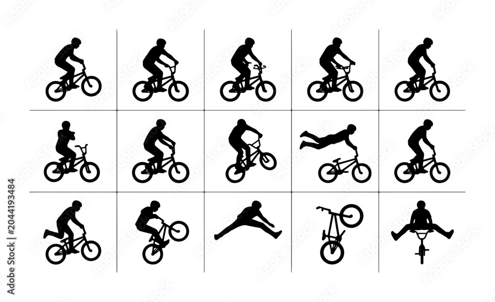 Fototapeta premium BMX Bicycle Rider Silhouettes, Extreme Sports Action Poses, Dynamic Cycling Stunts Vector Icons Set