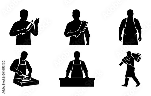 Butcher Icon Set, Meat Cutter Silhouettes, Professional Food Preparation Graphics, Culinary Service Symbols, Vector Collection