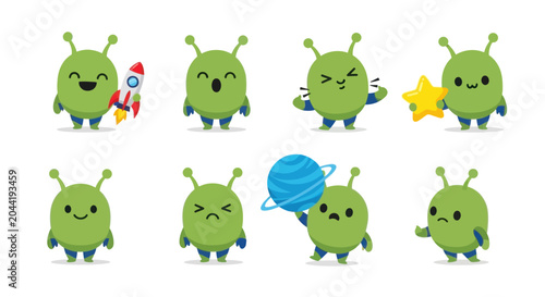 Bild auf Leinwand Cute Green Aliens with Different Emotions and Objects