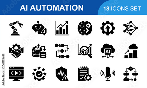 AI Automation Icon Set. Technology machine learning digital intelligence processes software web development industrial system robotic neural network graphic design vector black icons collection