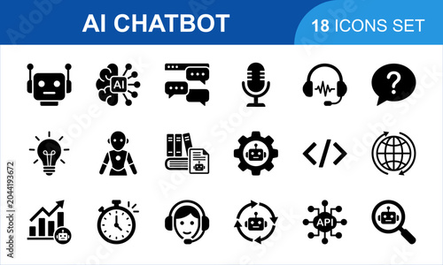 AI CHATBOT Icon Set. digital machine learning technology elements for virtual assistant and automated communication systems graphic vector black icons collection