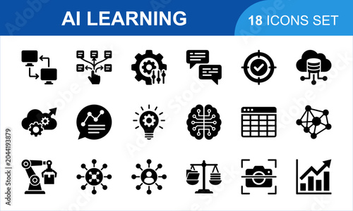 AI Learning Icon Set. Digital intelligence technology symbols for machine knowledge processing networking communication business software development visual graphic. vector black icons collection