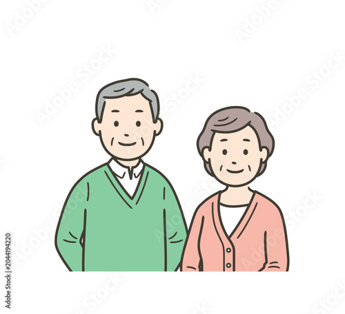 老夫婦が笑顔で並んで立っている上半身イラスト
