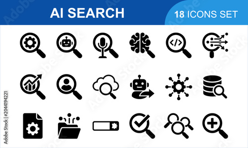 AI Search Icon Set. Digital intelligence research symbols for software technology modern web design graphical elements. vector black icons collection