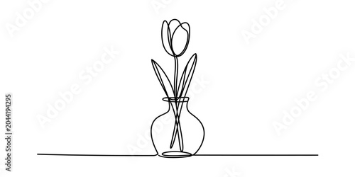 Fotografie Continuous single line drawing of a simple tulip flower in a small glass vase fo