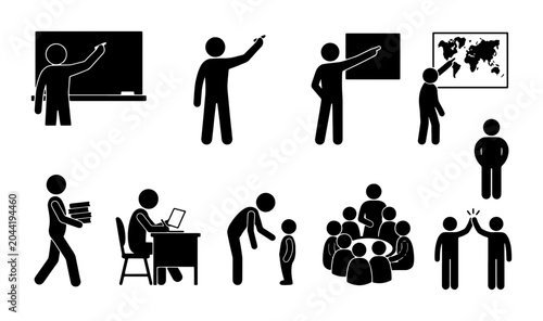 Education Icons Set, Teaching and Learning Stick Figures, Business Meeting and Presentation Vector Graphics, School and Knowledge Symbols