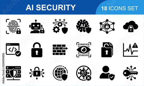 AI Security Icon Set. Cyber protection technology digital privacy safety features for modern computing internet data network. vector black icons collection