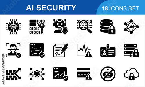 AI Security Icon Set. Modern digital technology protection software and data privacy elements isolated graphic symbol system. vector black icons collection