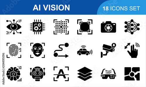 AI Vision Icon Set. Machine learning digital technology computing software recognition features detection system modern graphic elements. vector black icons collection