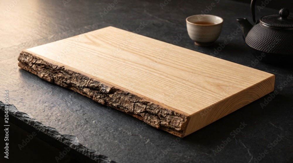 Fototapeta premium Rustic Wooden Serving Board and Tea Set on Stone