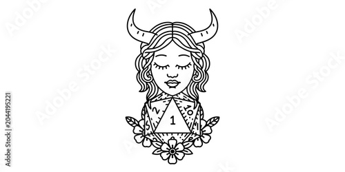 Tableau sur toile Illustration of a mystical girl with horns holding a twenty sided die and flower