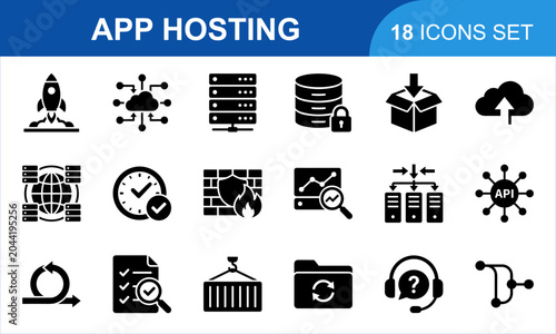 App Hosting Icon Set. Web development digital infrastructure elements for cloud computing data server management and network security solutions vector black collection