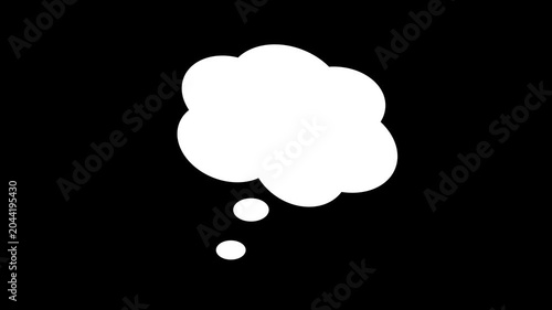 Thought bubble animation on Alpha channel, minimalist comic cloud motion graphic, animated thinking icon, silhouette dream bubble element, creative brainstorming concept visual.