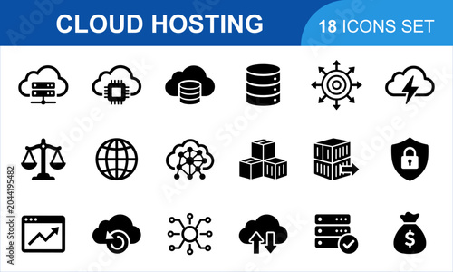 Cloud Hosting Icon Set. Internet server database storage network technology digital web infrastructure information system security computing communication design elements