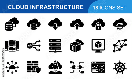 Cloud Infrastructure Icon Set. digital storage network computing server technology database management connectivity system graphics. vector black icons collection