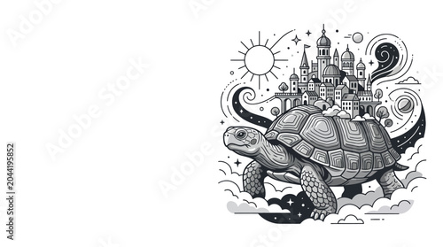 Foto A detailed ink illustration of a giant tortoise carrying a fantasy city on its shell